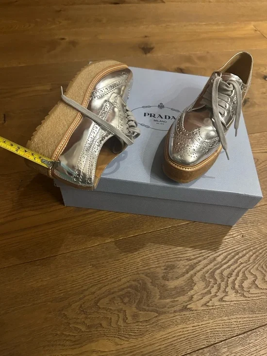 Prada Metallic Silver Wingtip Platform Loafers - Picture 5 of 8